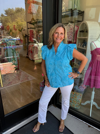 Blue Floral Appliqué Flutter Sleeve Top