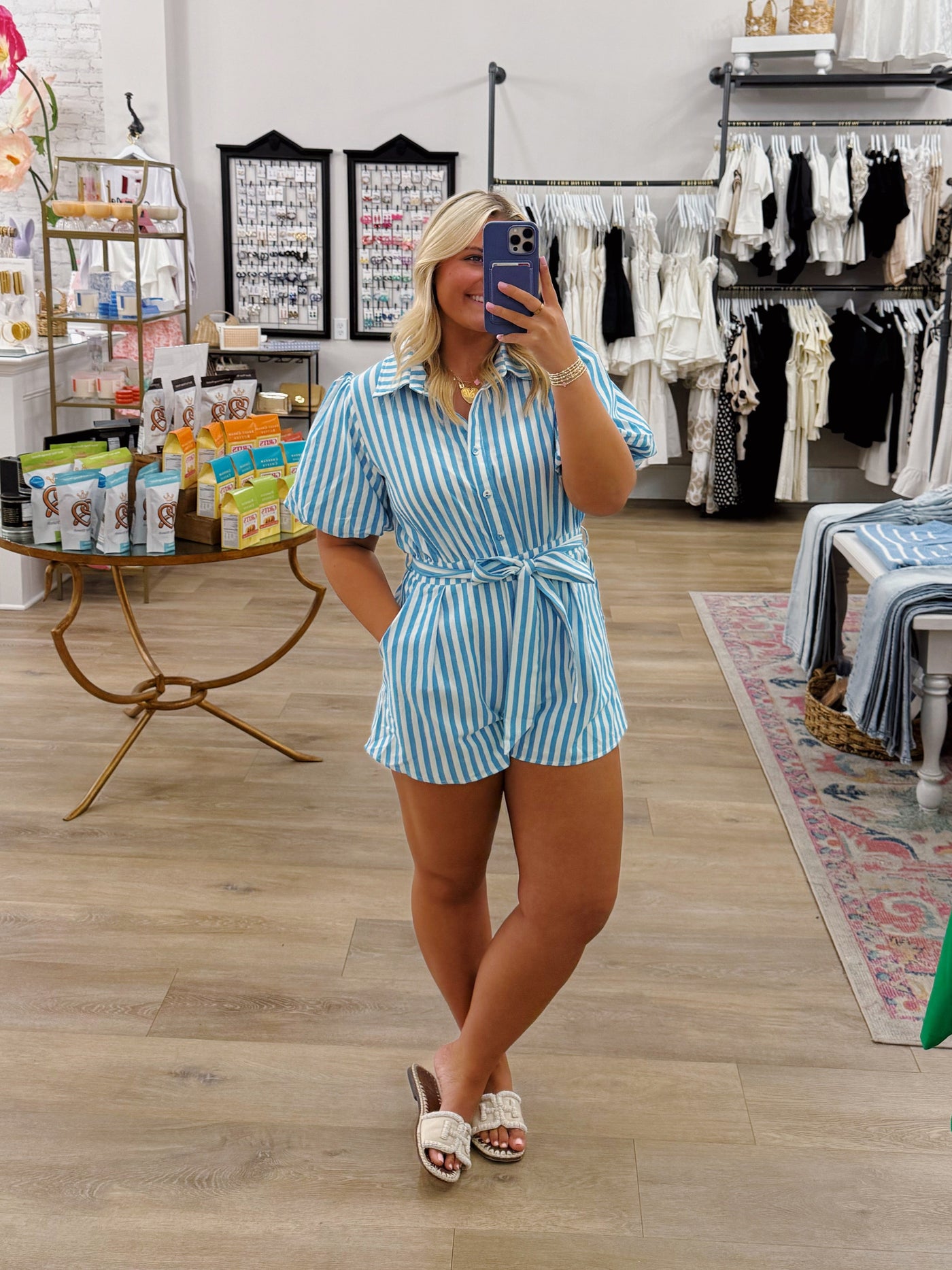Striped Bubble Sleeve Romper- Blue