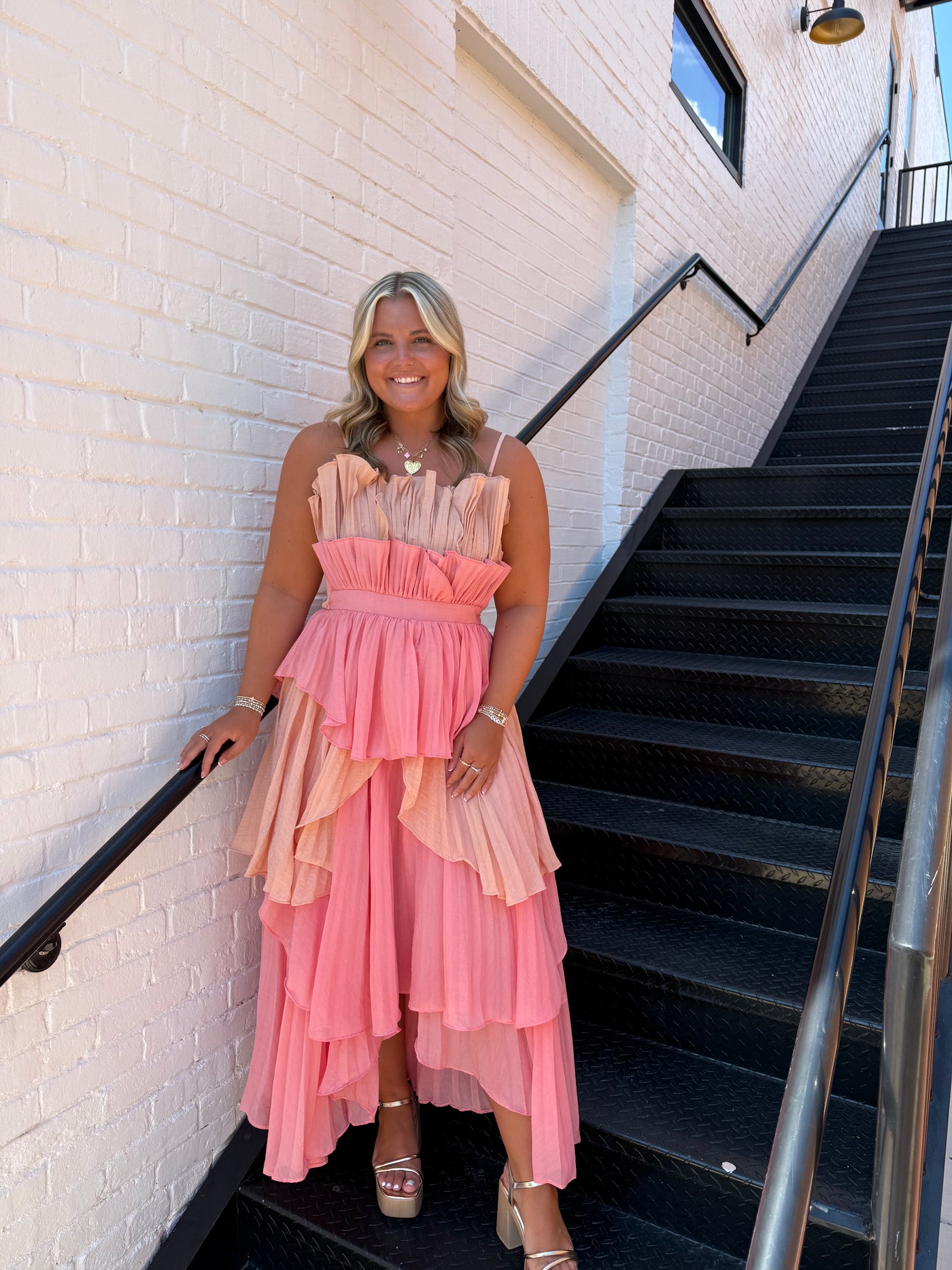 Pleated Layered Ruffle Maxi Dress- Coral Multi