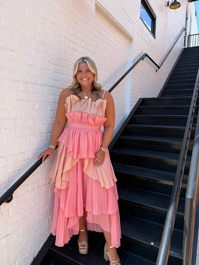 Pleated Layered Ruffle Maxi Dress- Coral Multi