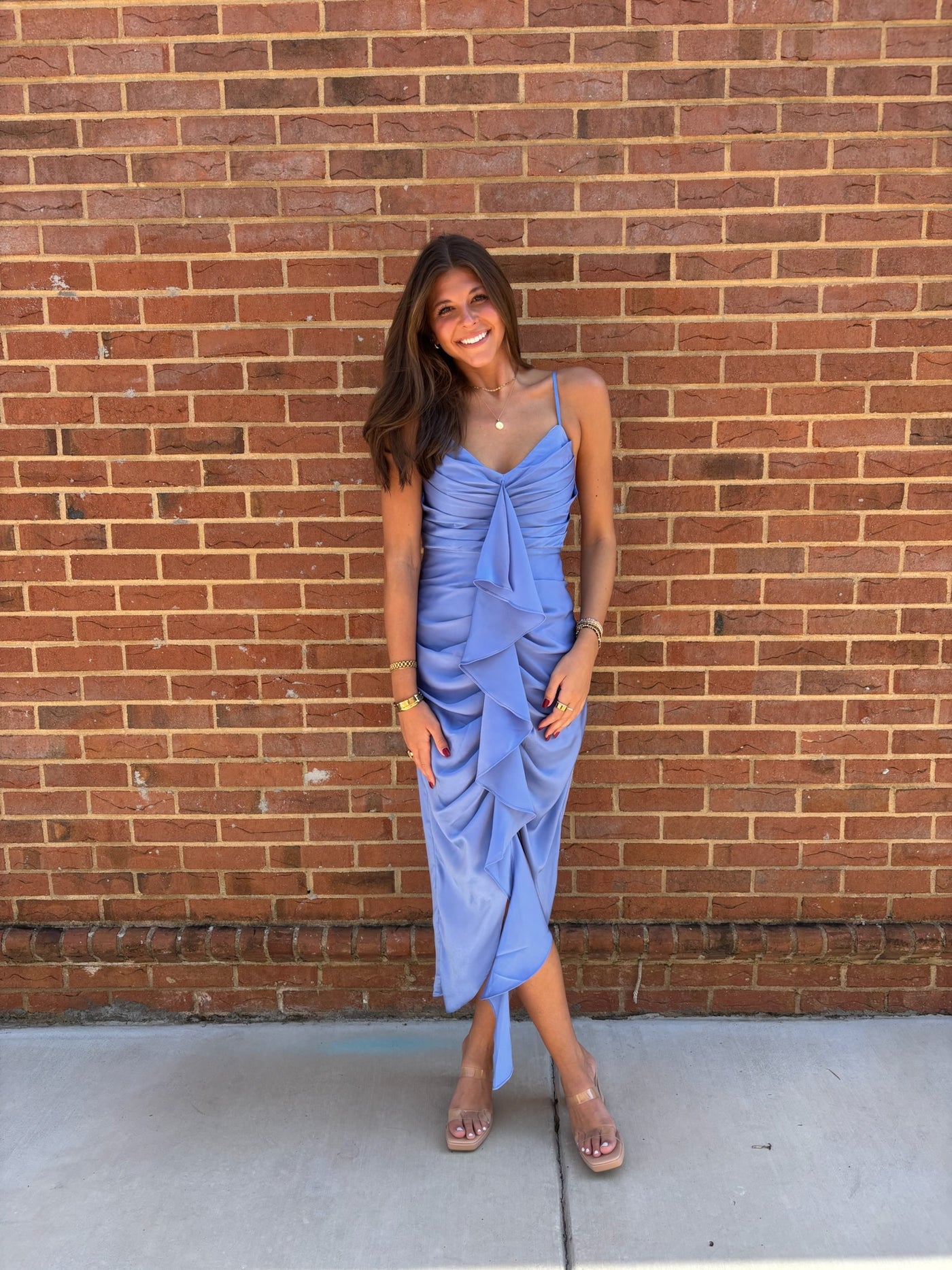 Periwinkle Front Ruffle Midi Dress