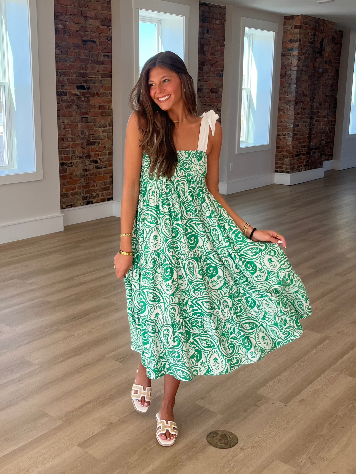 Green Paisley Tie Strap Maxi Dress