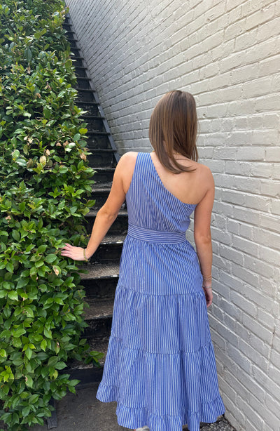 Pin Striped One Shoulder Midi Dress