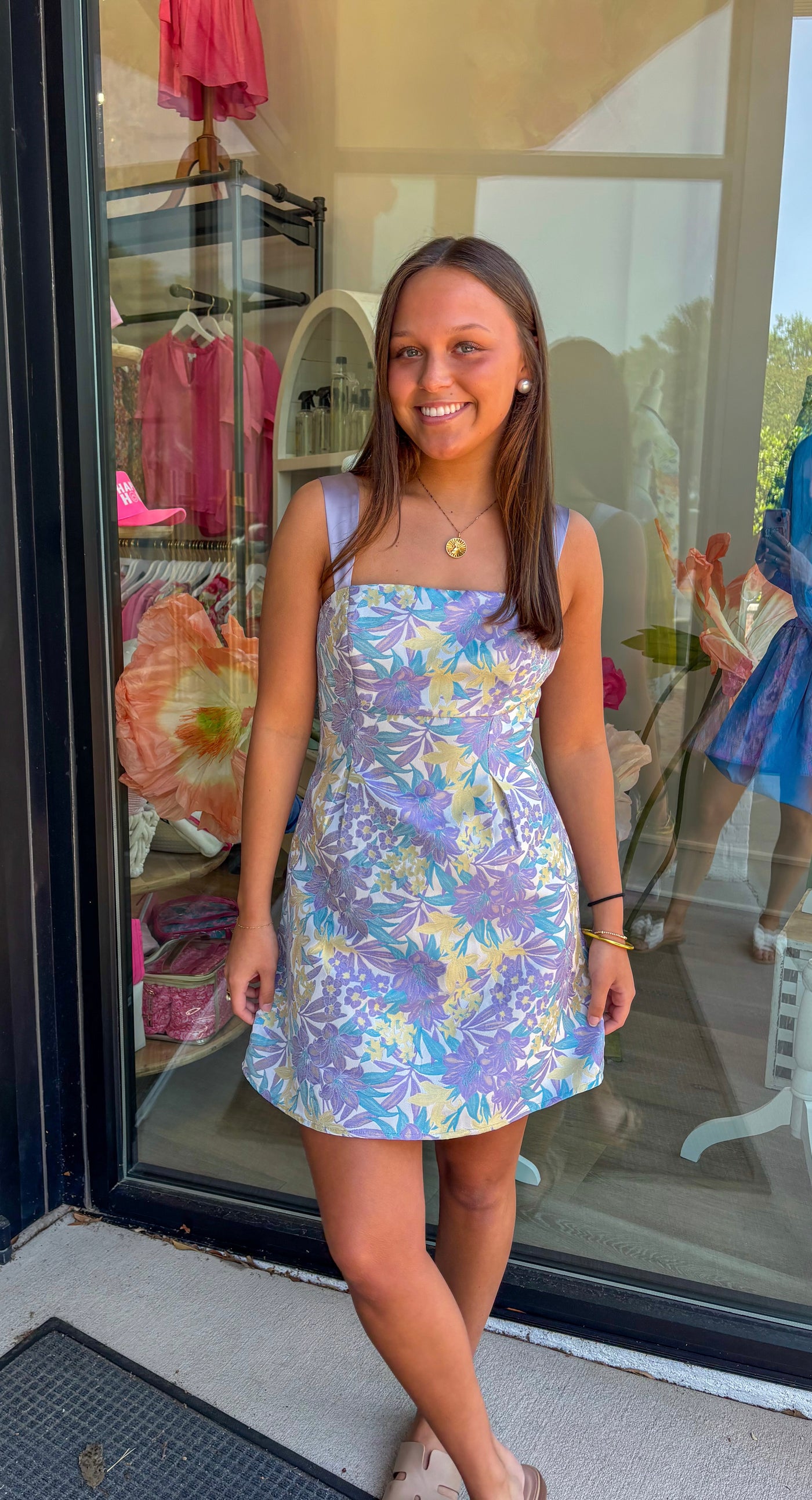 Satin Strap Tapestry Mini Dress- Lavender
