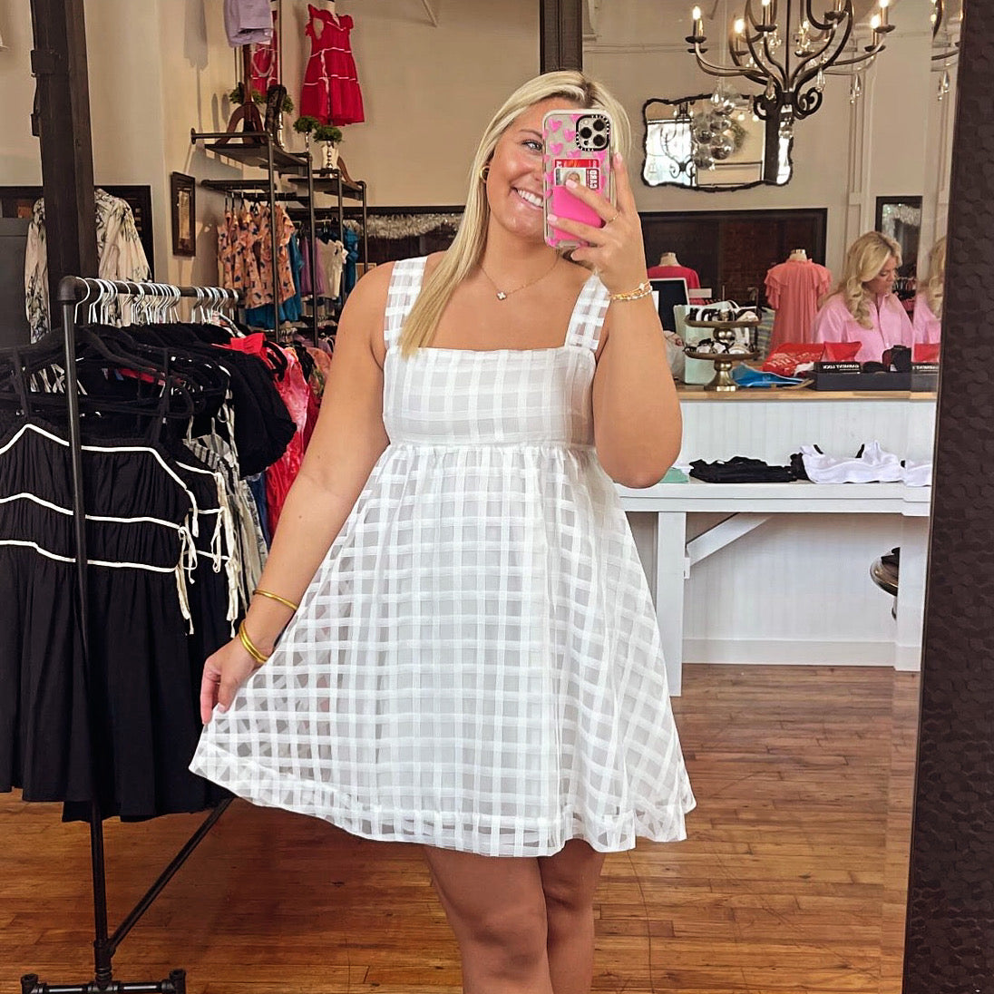 White Grid Print Mini Dress