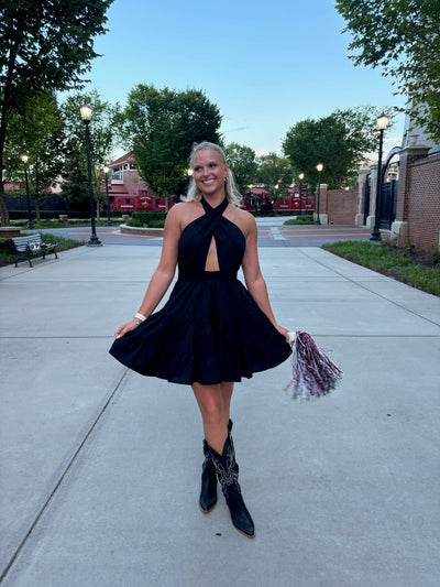 Halter Neck Tiered Mini Dress- Black
