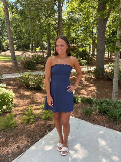 Navy Strapless Scalloped Detail Dress