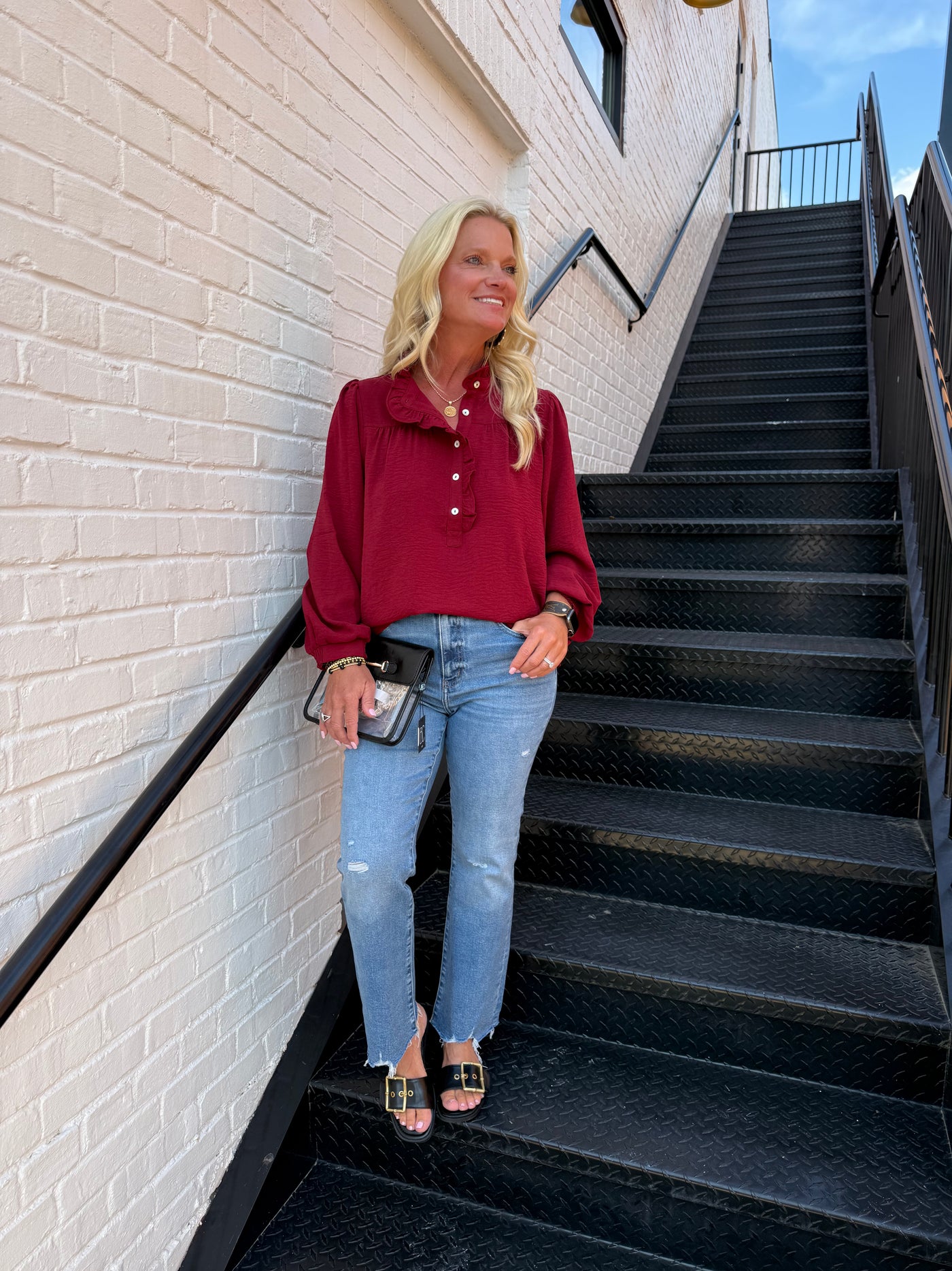 Burgundy Ruffle Accent Long Sleeve Top