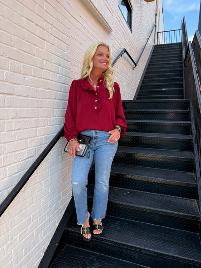 Burgundy Ruffle Accent Long Sleeve Top