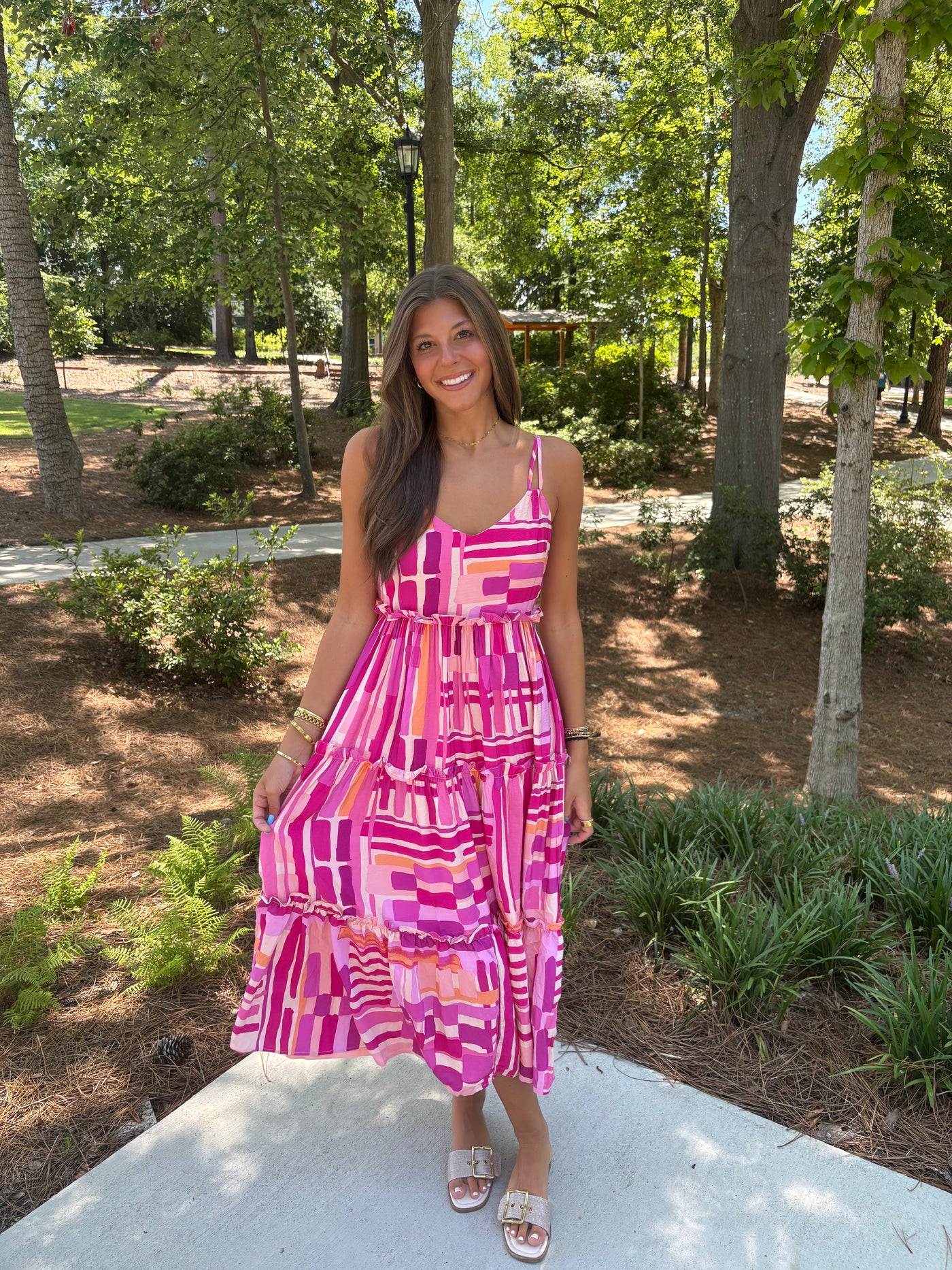 Pink Printed Spaghetti Strap Midi Dress