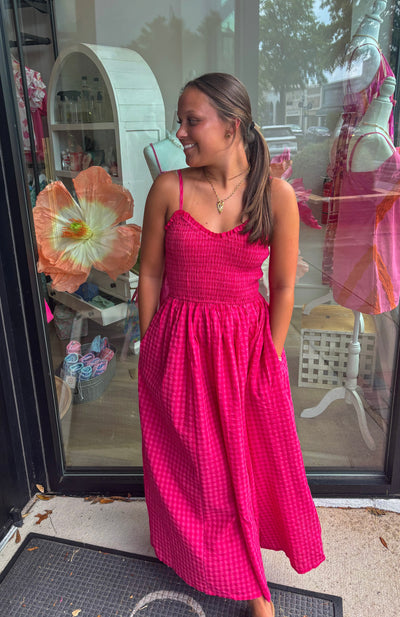 Cherry Pink Gingham Print Maxi Dress