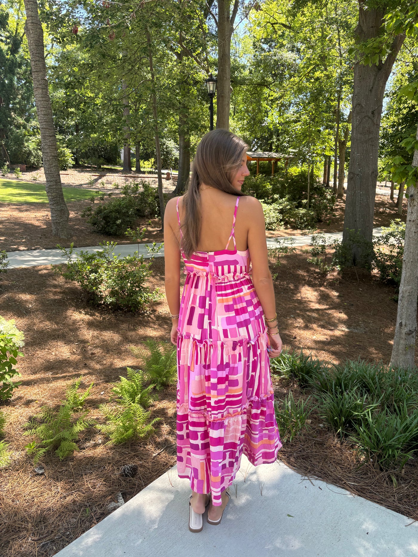 Pink Printed Spaghetti Strap Midi Dress