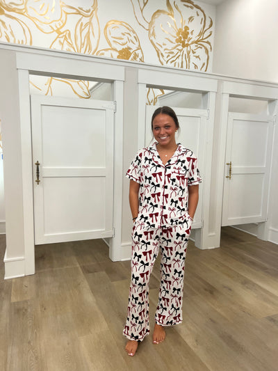 Charlotte Bow Pants Set- Garnet/Black