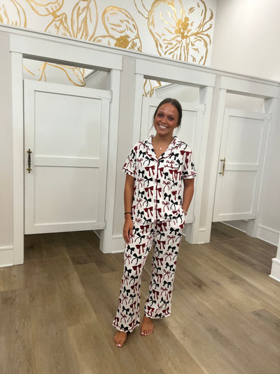 Charlotte Bow Pants Set- Garnet/Black