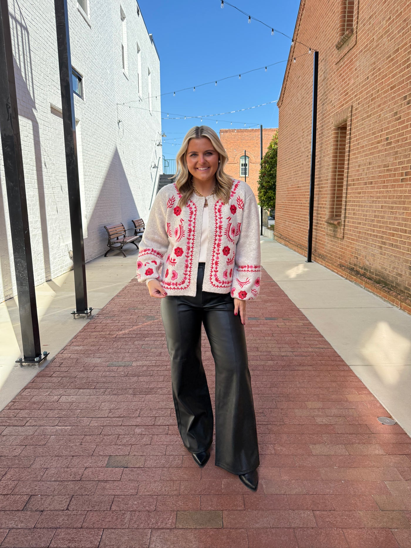 Embroidered Sweater Cardigan- Taupe/Red