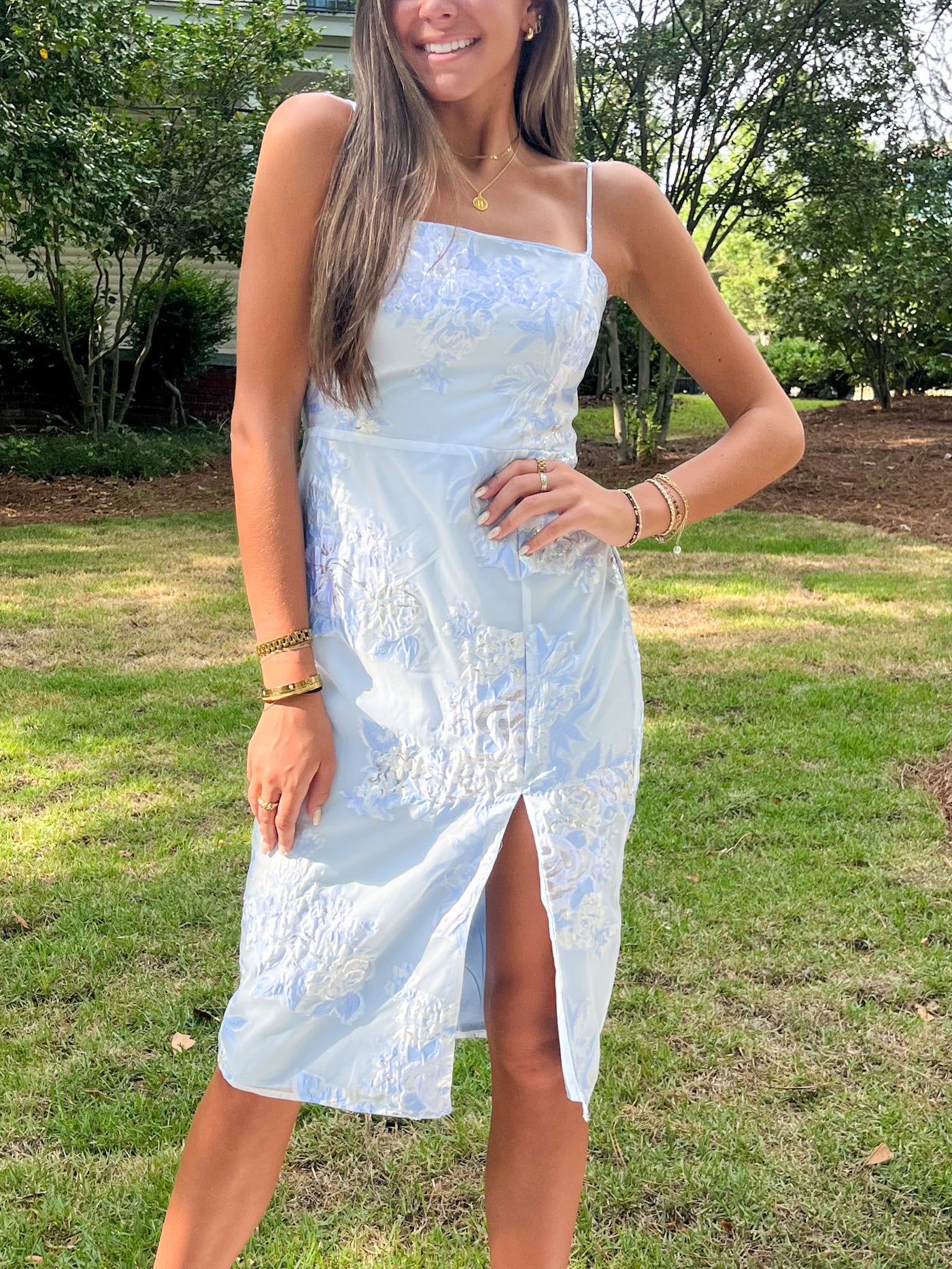 Baby Blue and Metallic Silver Midi Dress