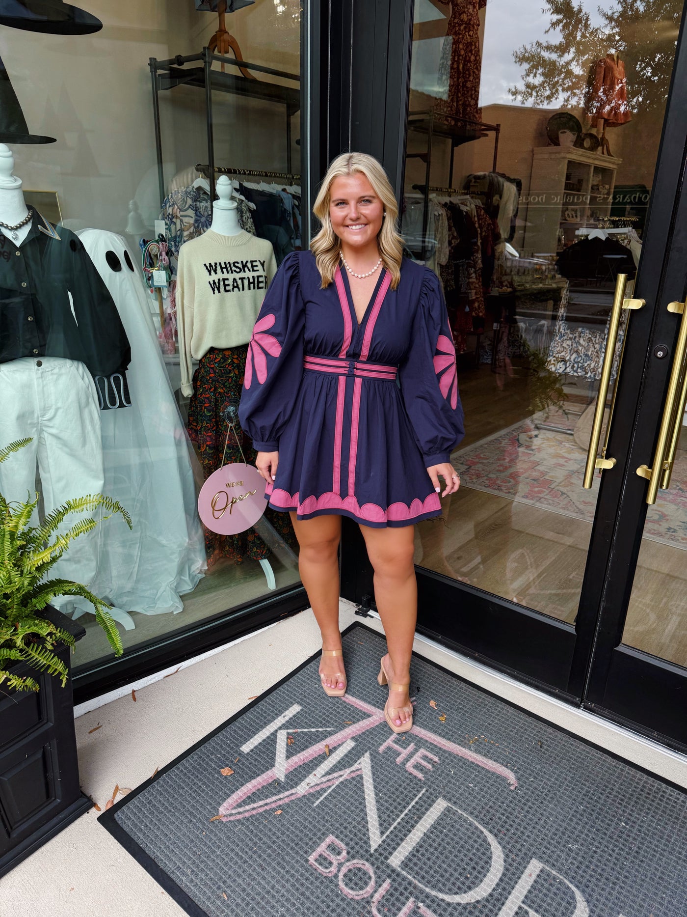 Navy and Rose Flower Patch Long Sleeve Mini Dress