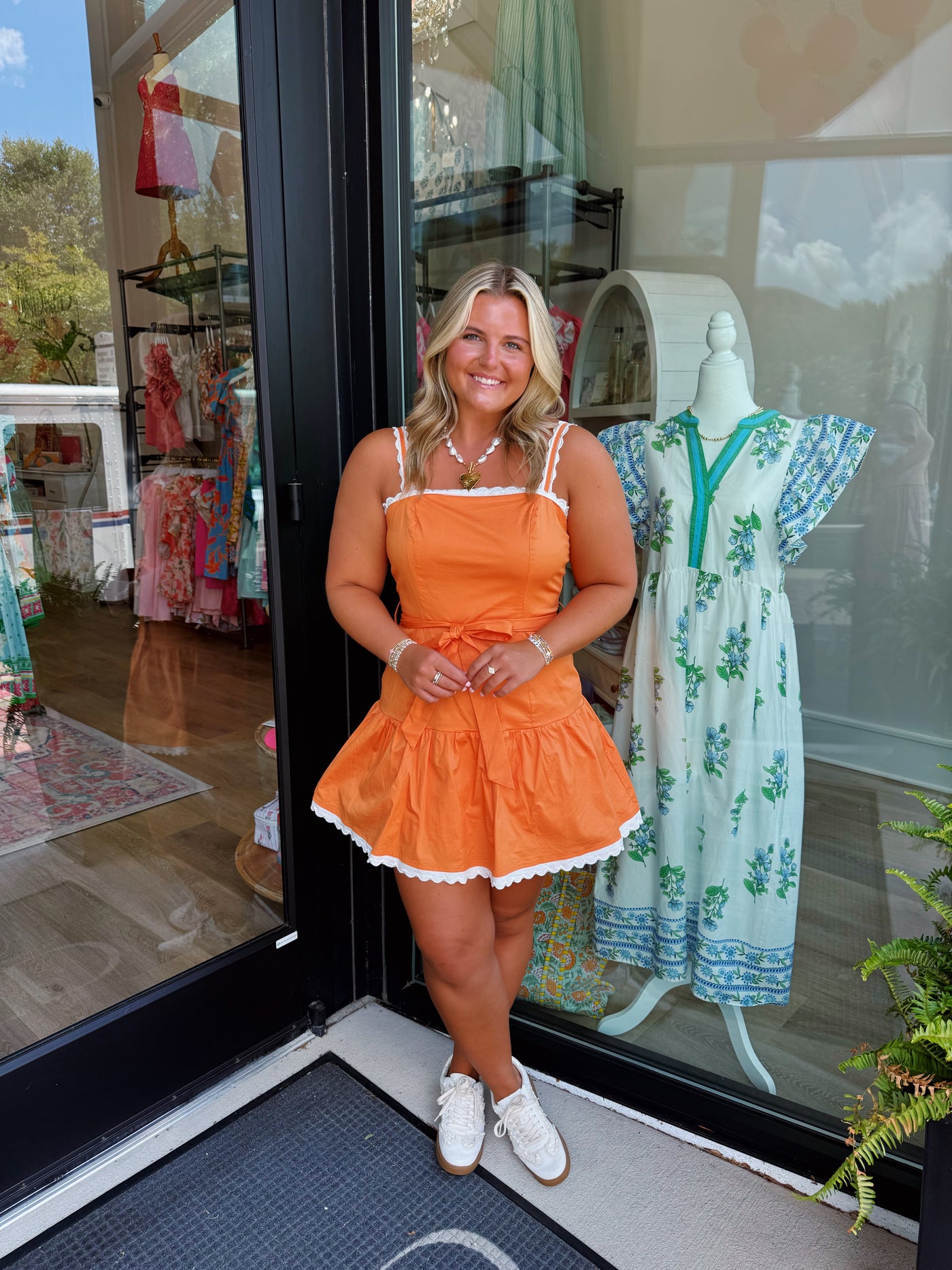 Orange Scallop Detail Tie Waist Mini Dress