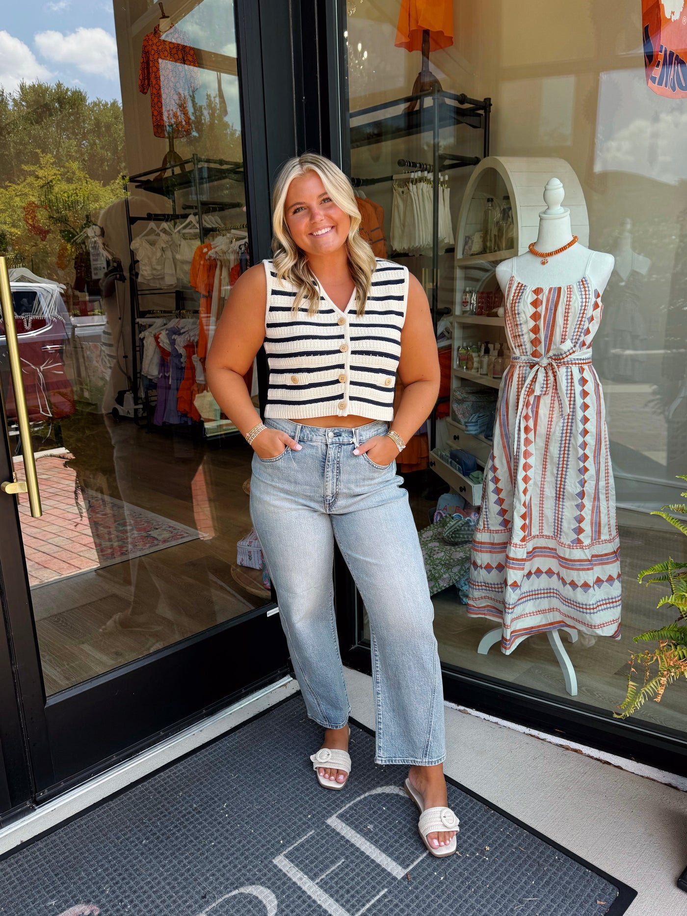 Button Down Striped V-Neck Sweater Vest- White/Navy