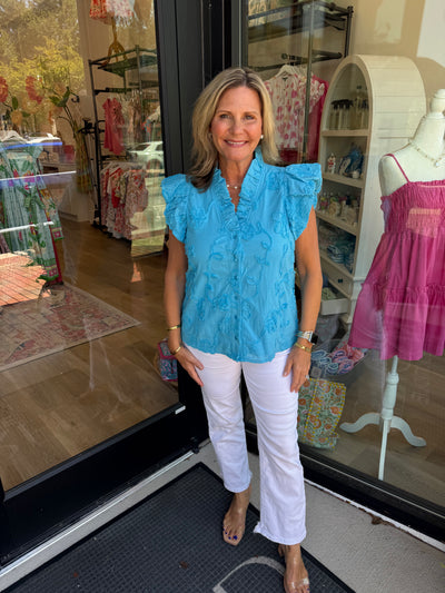 Blue Floral Appliqué Flutter Sleeve Top