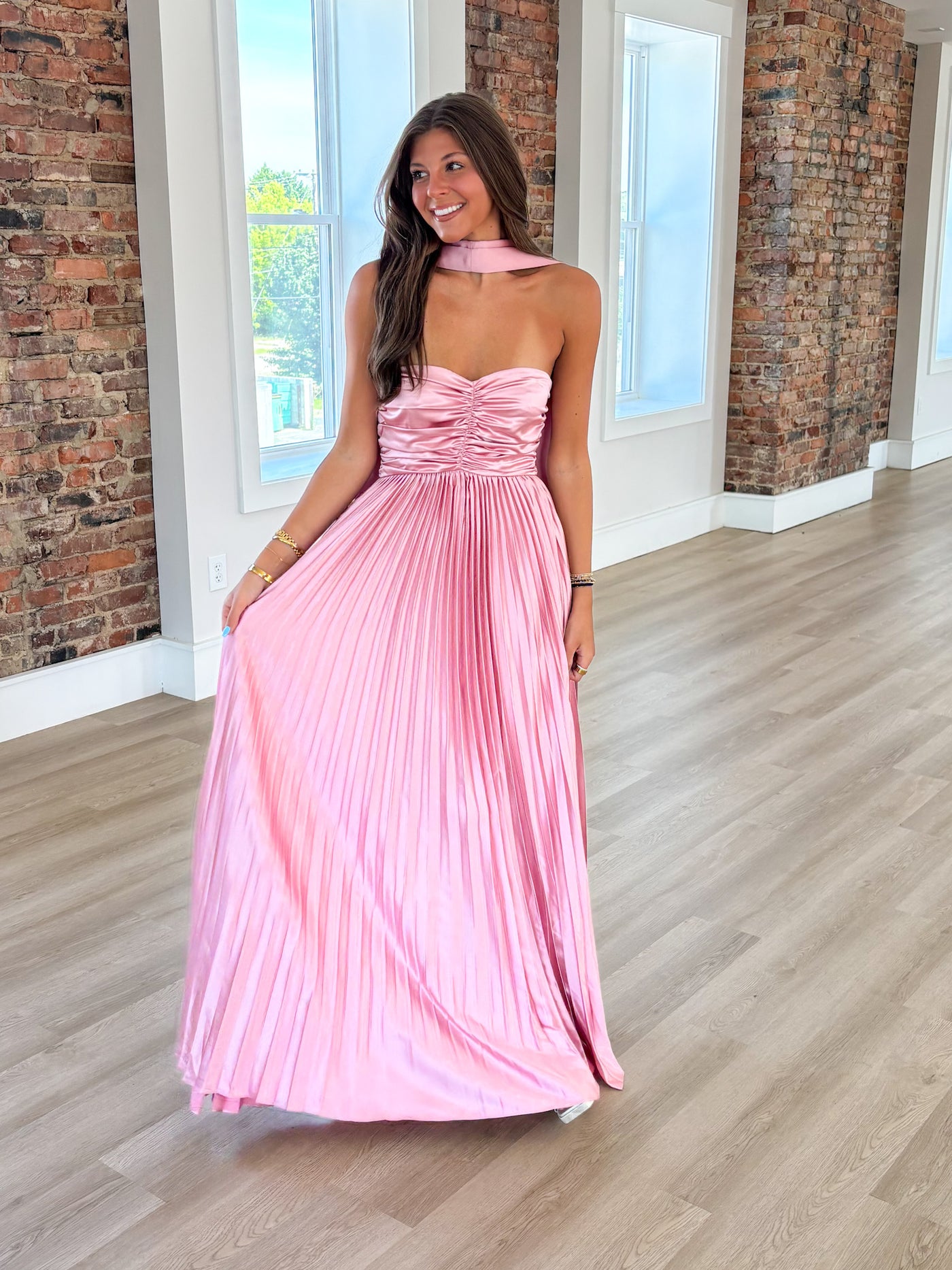 Mauve Scarf Detail Pleated Satin Maxi Dress