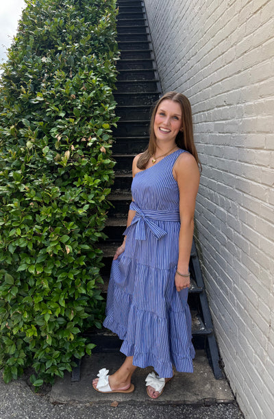 Pin Striped One Shoulder Midi Dress