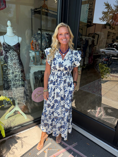 Navy and Gold Floral Maxi Dress