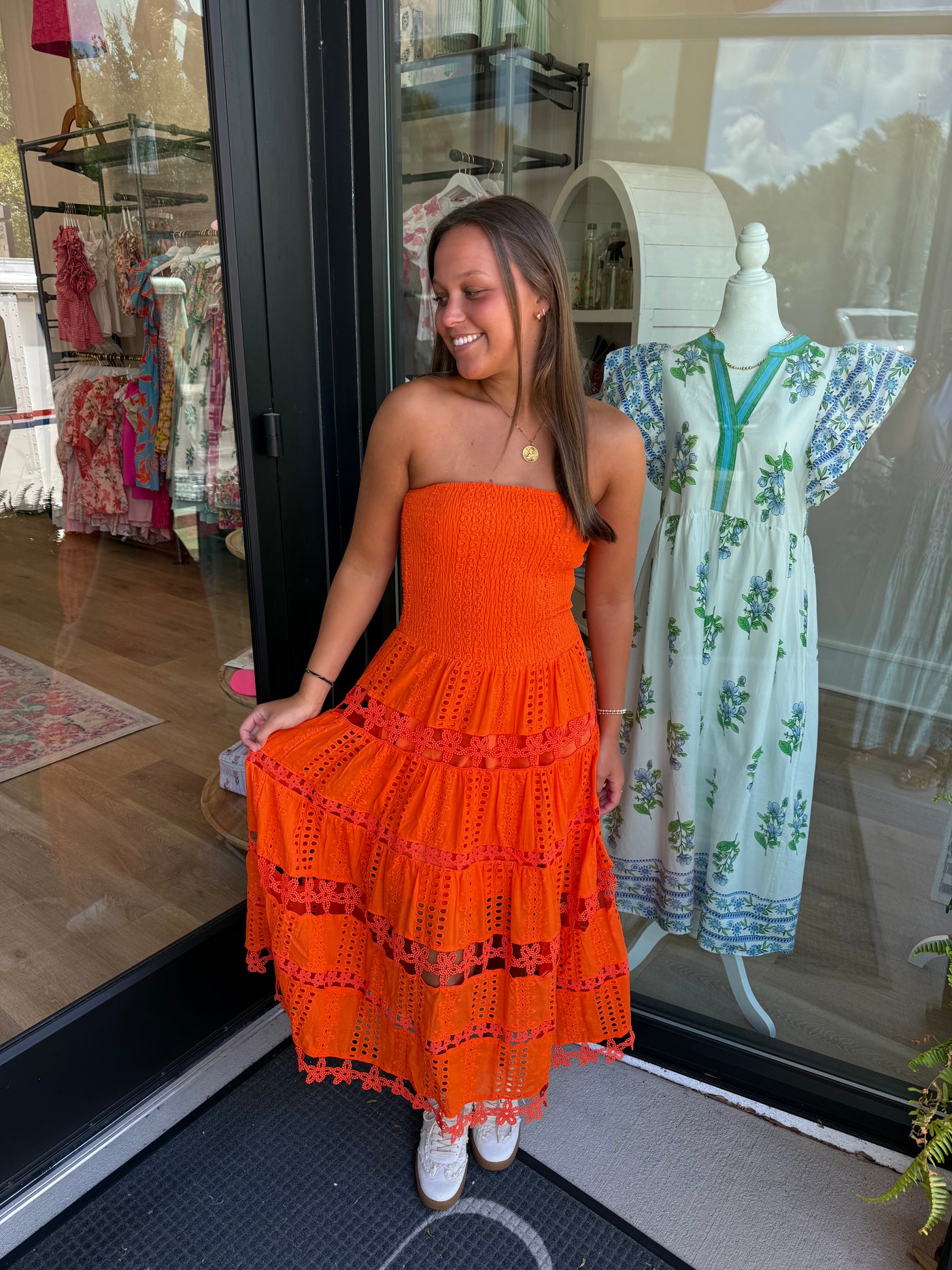 Eyelet Embroidered Lace Tube Dress- Orange