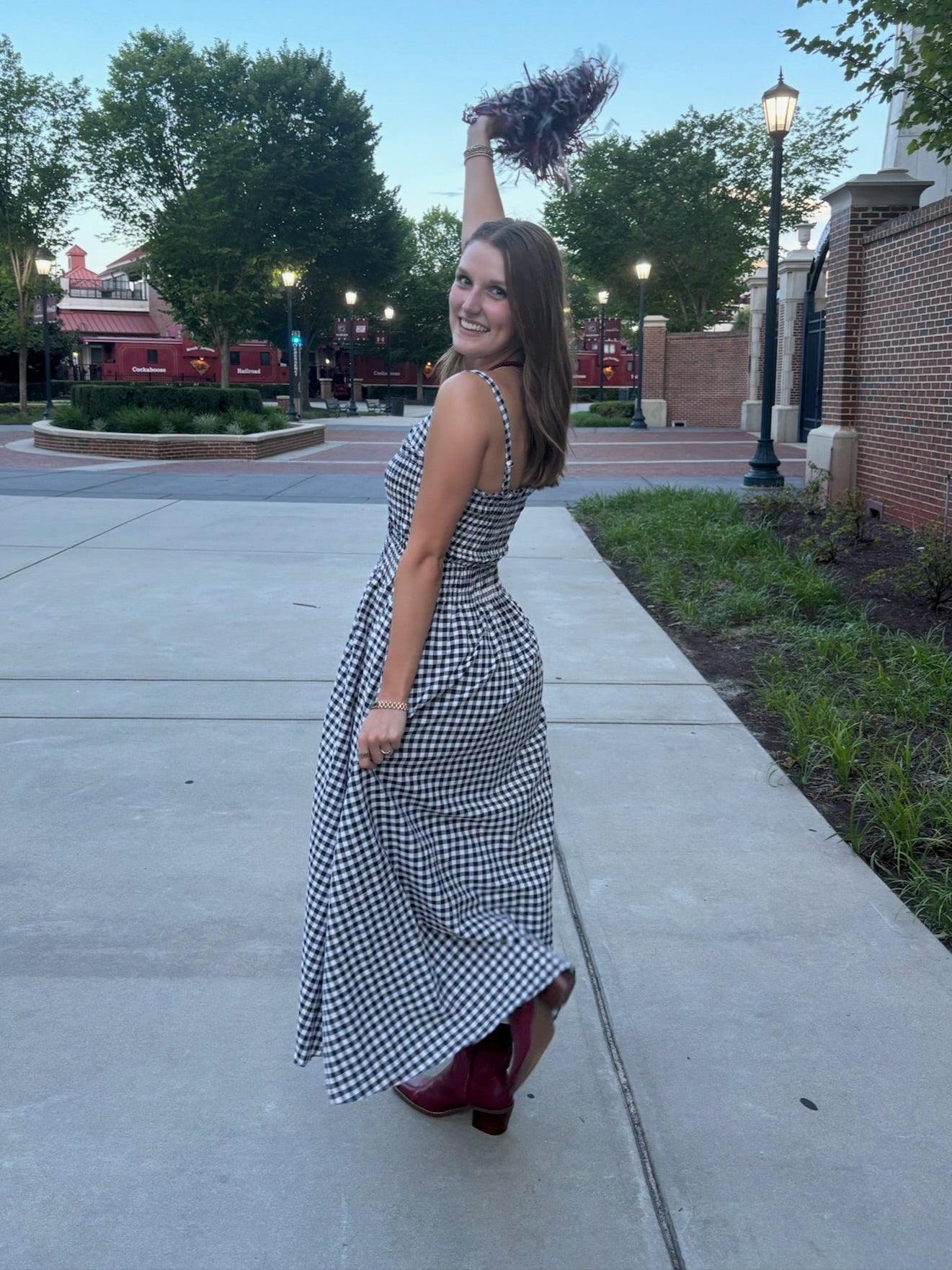 Gingham Smocked Bodice Midi Dress- Black/White