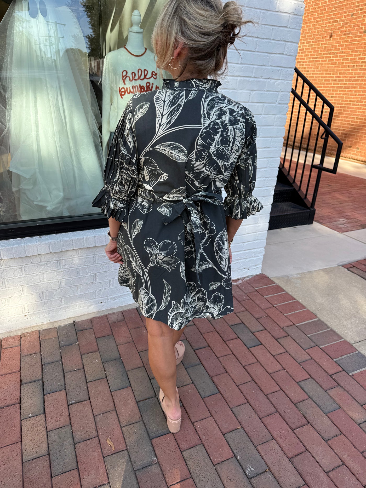 Black Floral Print Ruffle Trim Mini Dress