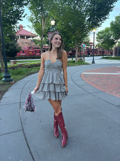 Gingham Halter Tiered Mini Dress