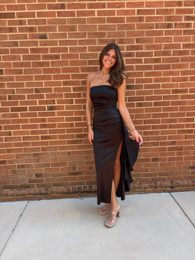 Black Satin Fold Over Bodice Maxi Dress