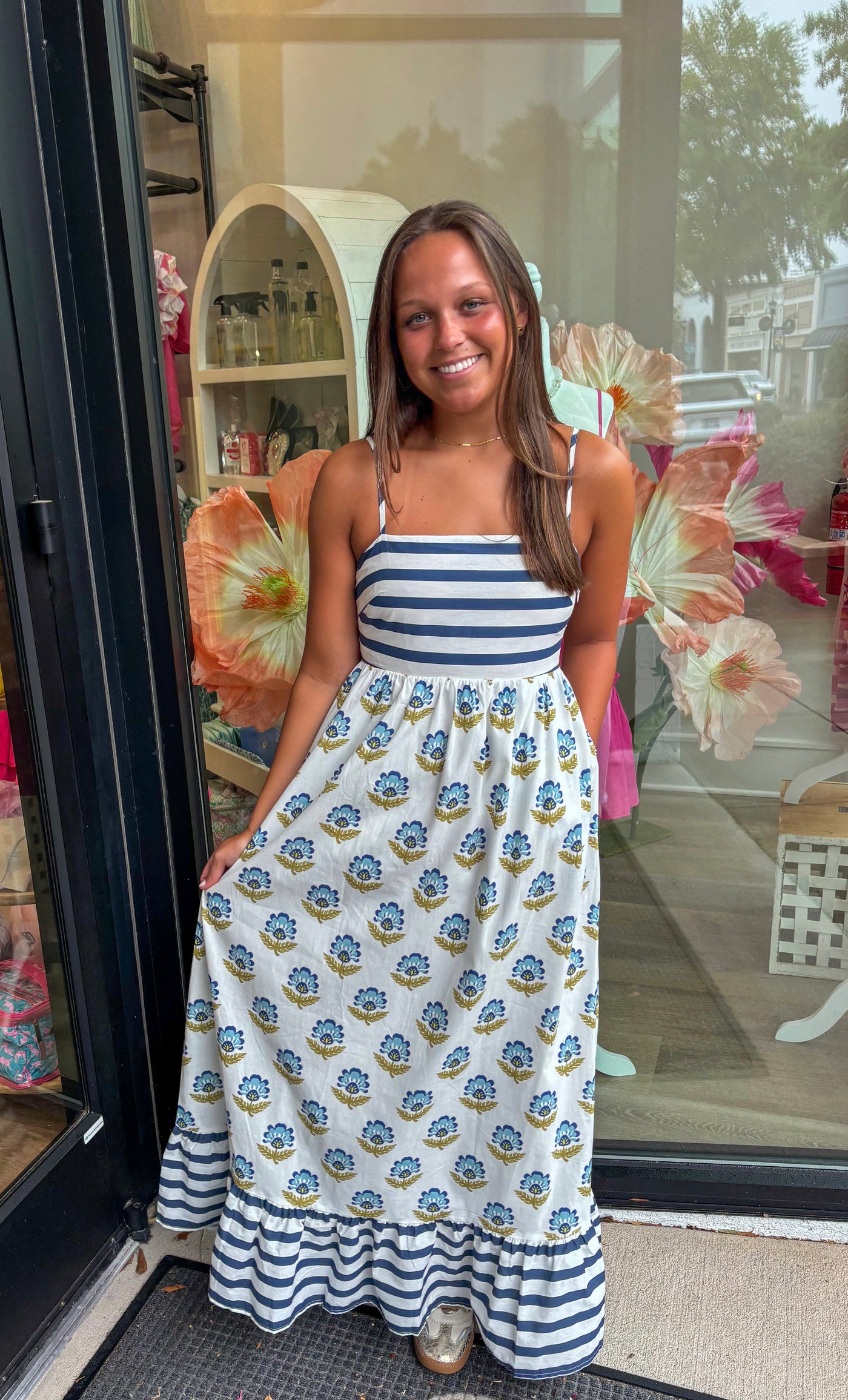 Stripe and Block Print Midi Dress