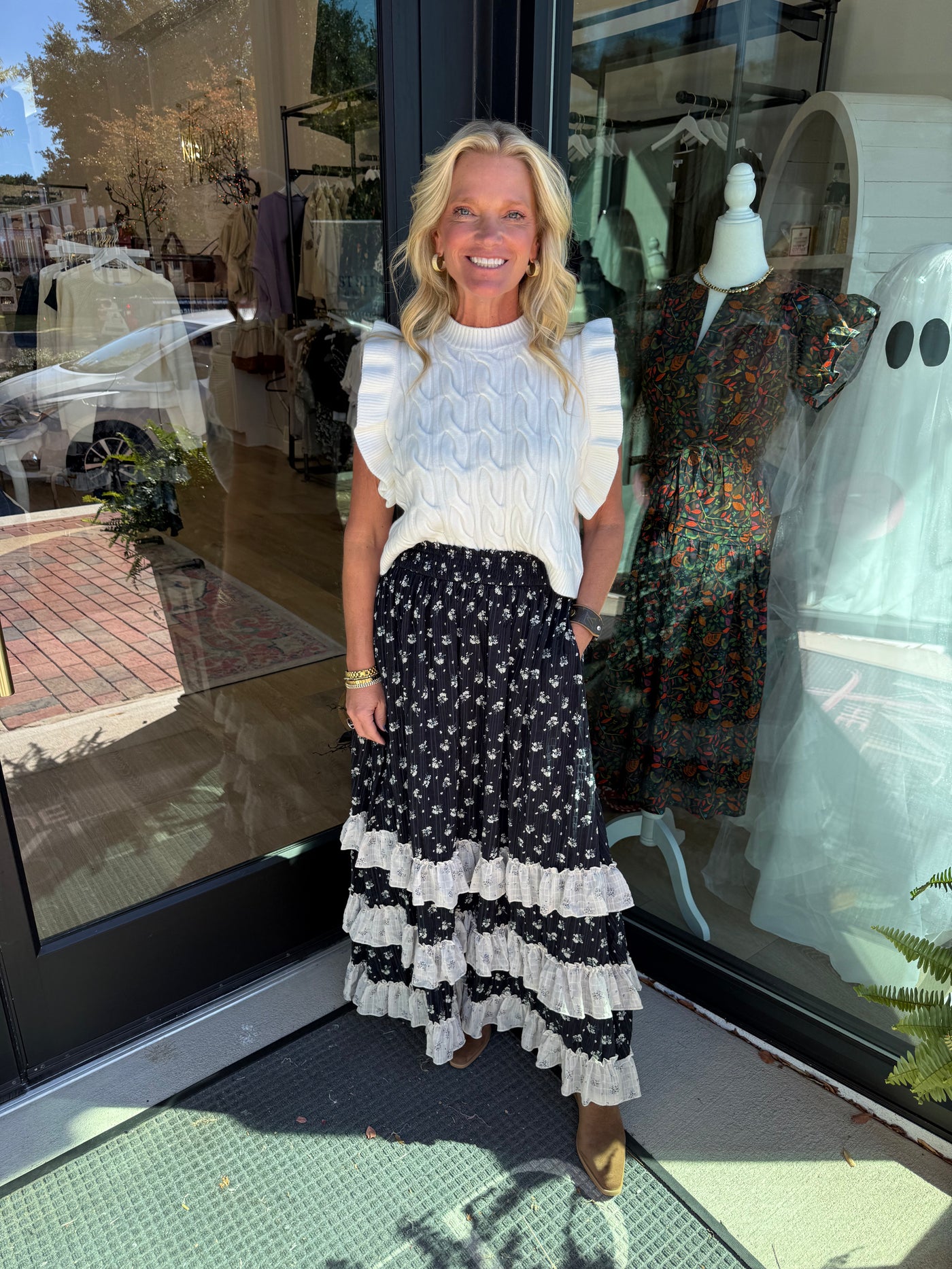 Smocked Floral Maxi Skirt With Ruffle Contrast