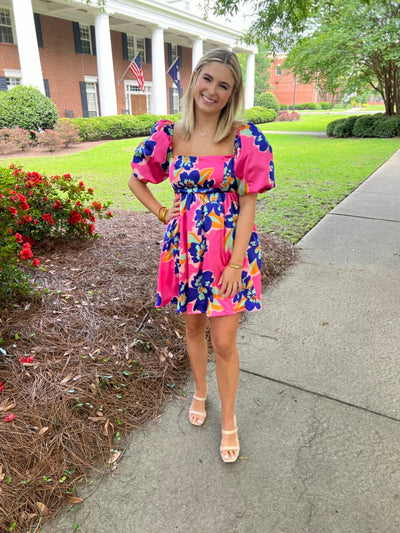 Bold Flower Print Mini Dress- Pink