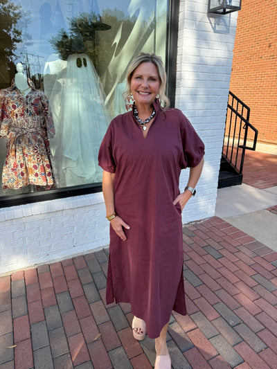 Wine Puff Sleeve Midi Dress