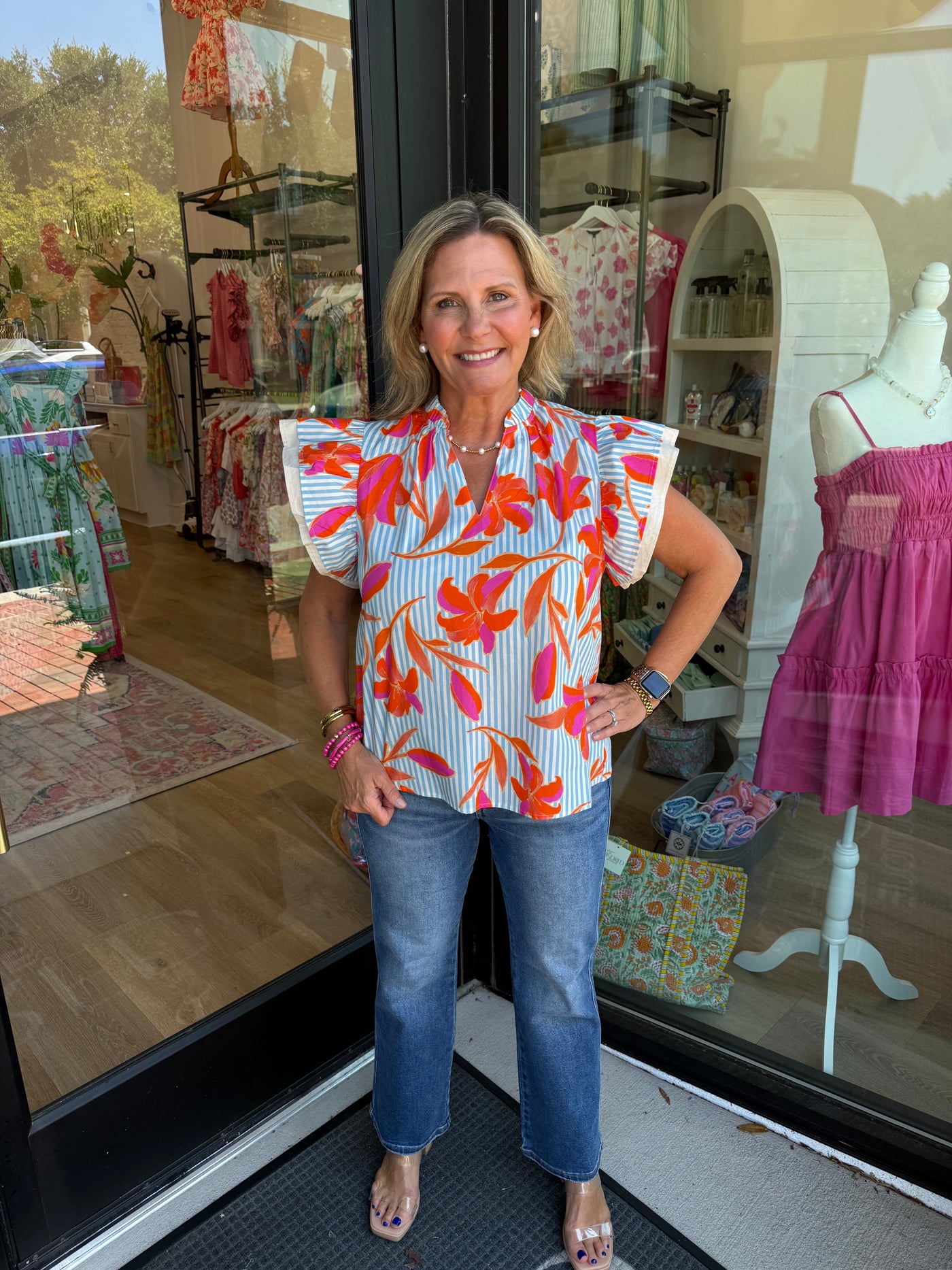 Bright Floral Striped Flutter Sleeve Top