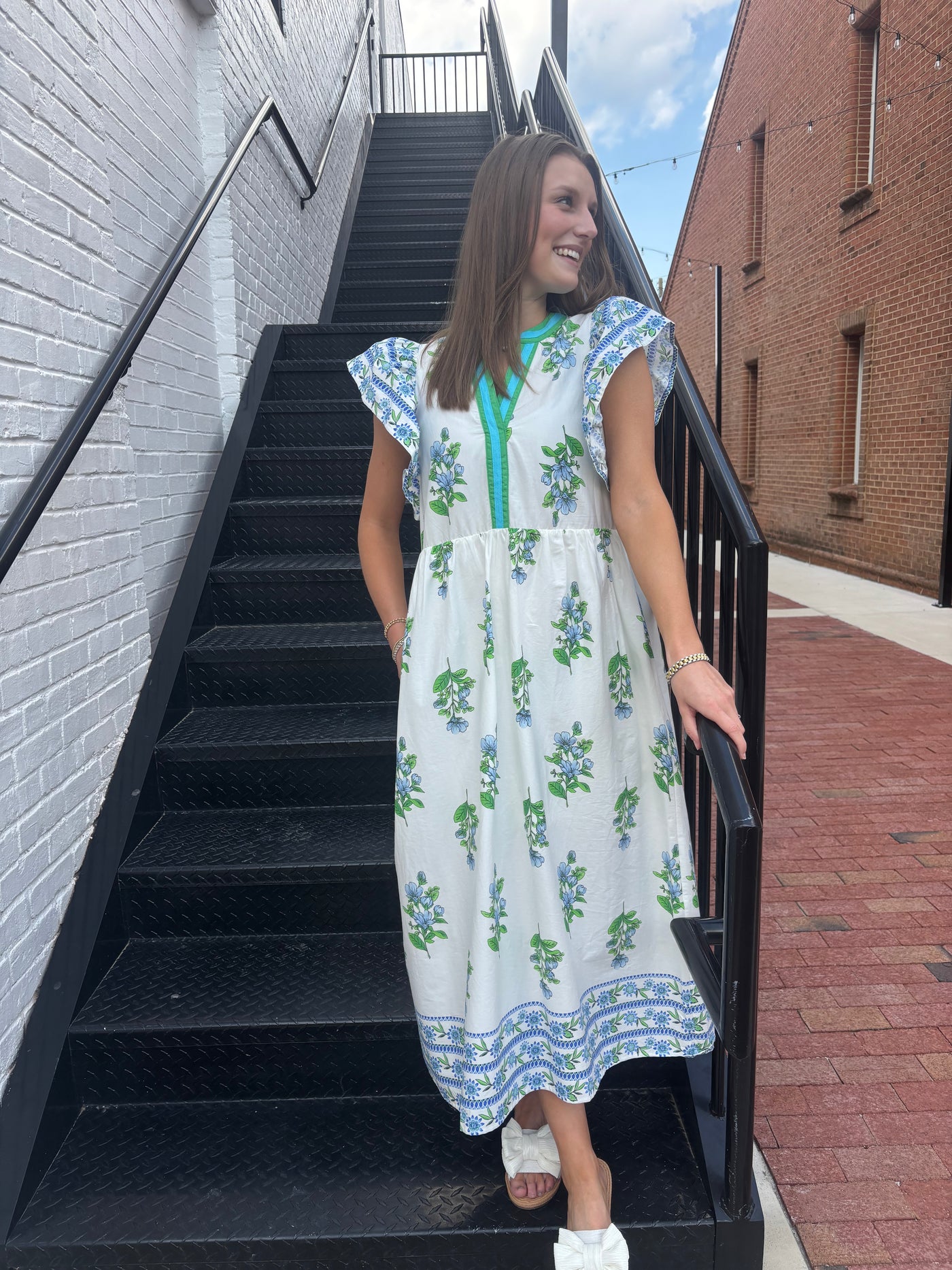 Floral Print Border Pattern Midi Dress