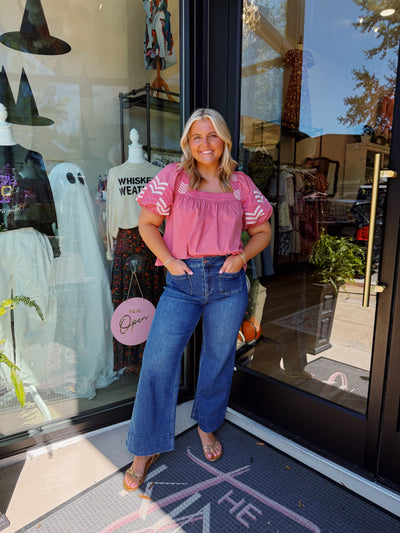 Rose Embroidered Puff Sleeve Top