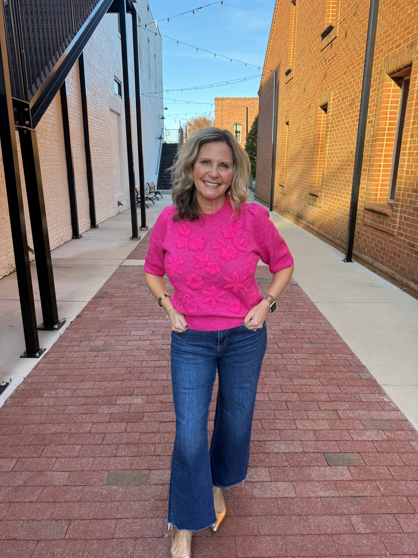 Fuchsia Floral Textured Puff Sleeve Sweater