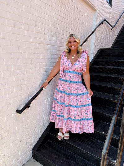 Pink Floral Print Shoulder Tie Midi Dress