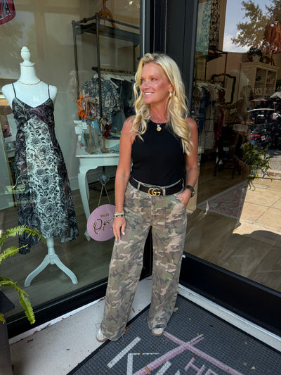 Far Out High Rise Wide Leg Pant- Hideaway