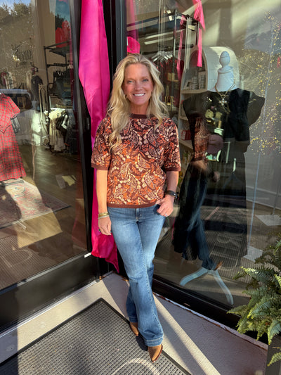 Brown Paisley Intarsia Knit Top