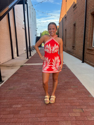 Red Tropical Print Halter Neck Mini Dress