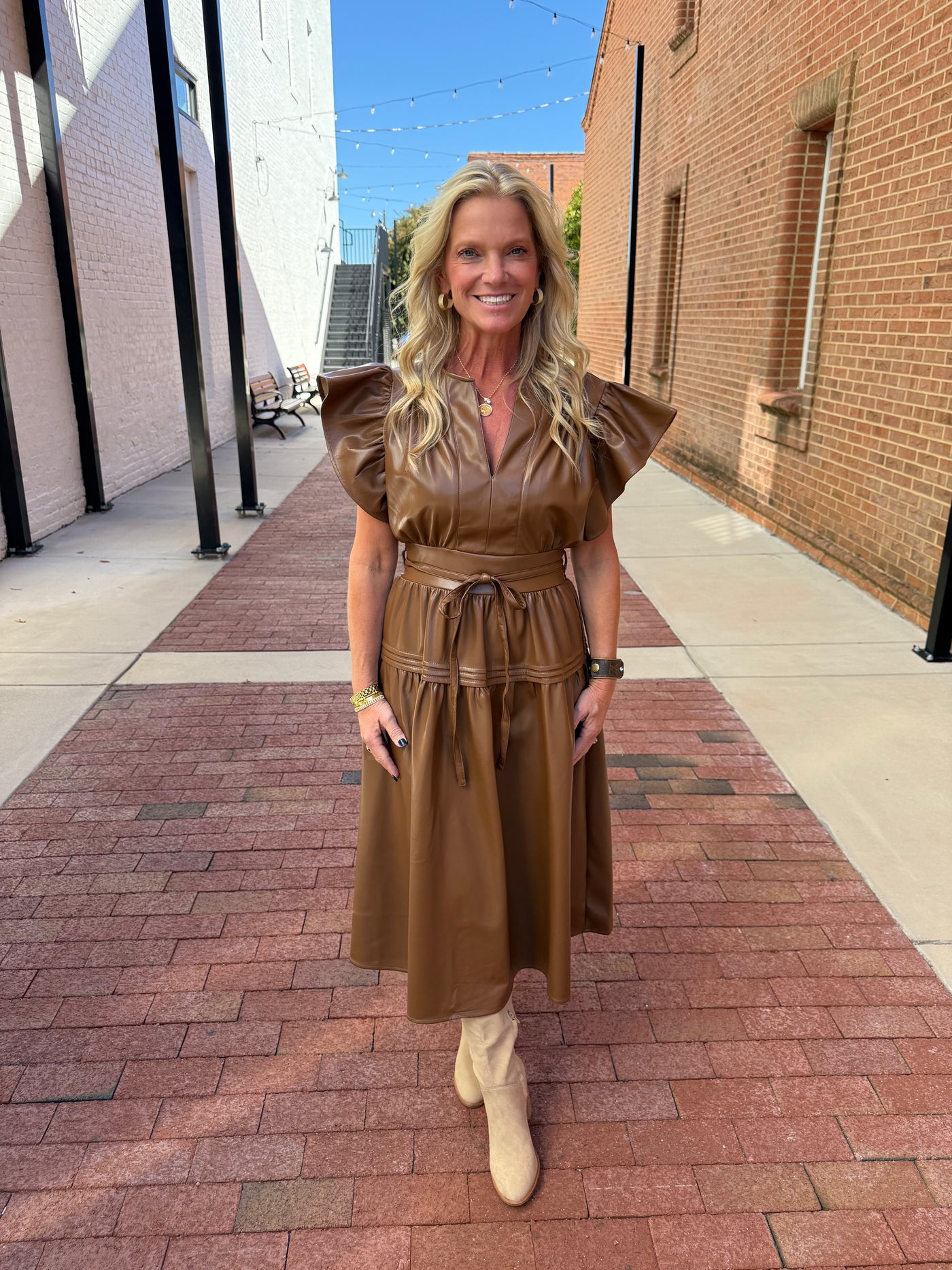 Cala Camel Faux Leather Midi Dress