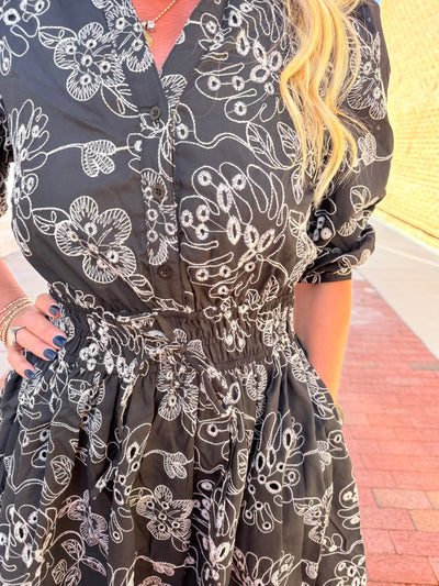 Embroidered Floral Print Elastic Waist Mini Dress