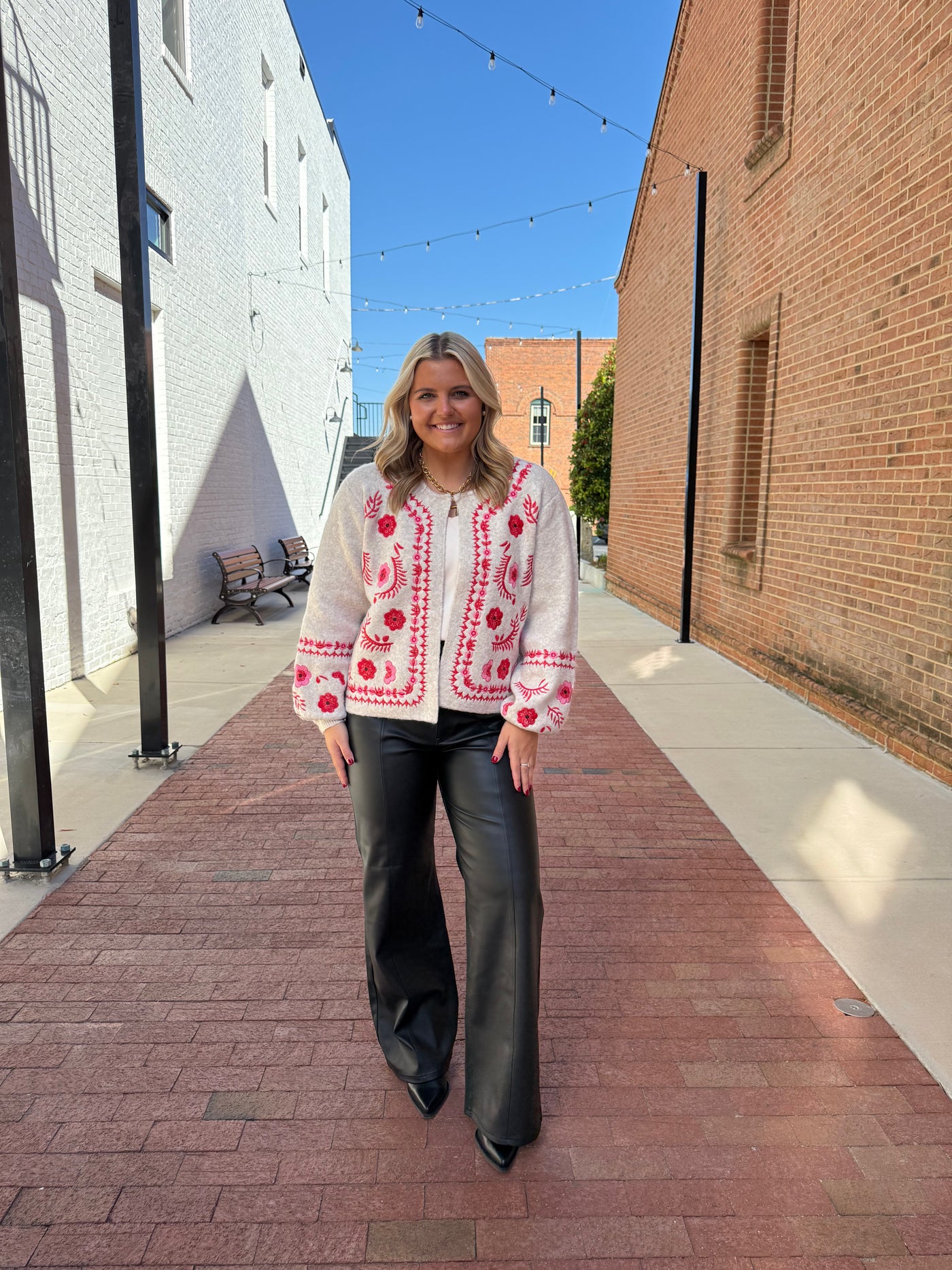 Embroidered Sweater Cardigan- Taupe/Red