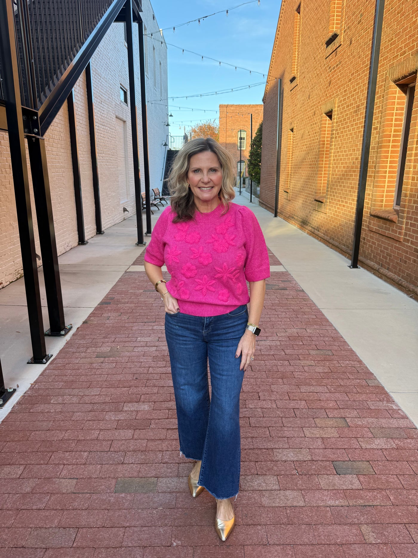 Fuchsia Floral Textured Puff Sleeve Sweater