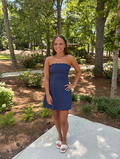 Navy Strapless Scalloped Detail Dress