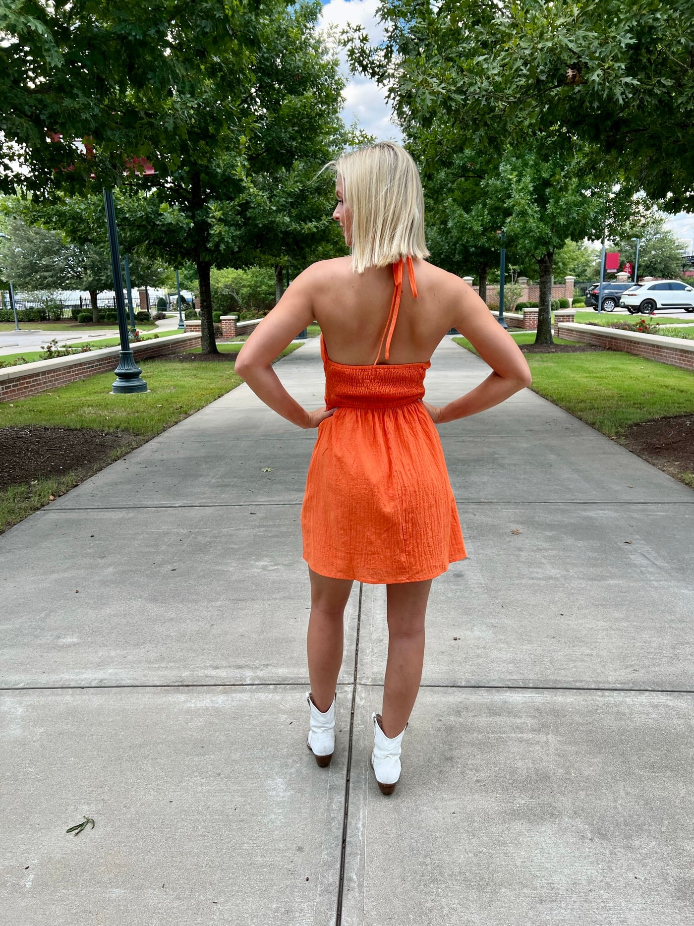 Ruched Front Halter Mini Dress-Orange